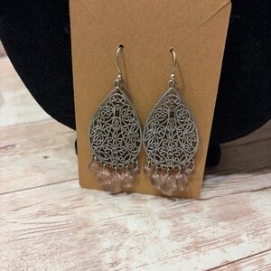 Elegant Filigree Silver Tone Rhinestone and Pink Bead Dangle Earrings